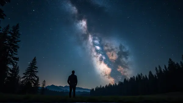 Man Gazing At Milky Way Across Quiet Plain