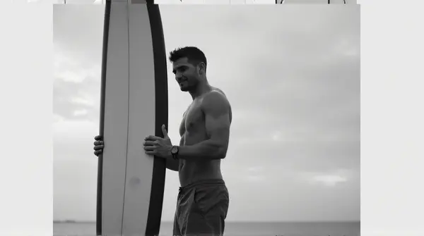 Man Holding Surfboard Black And White Portrait