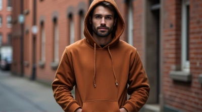 Man In Hoodie Against Urban Brick Wall