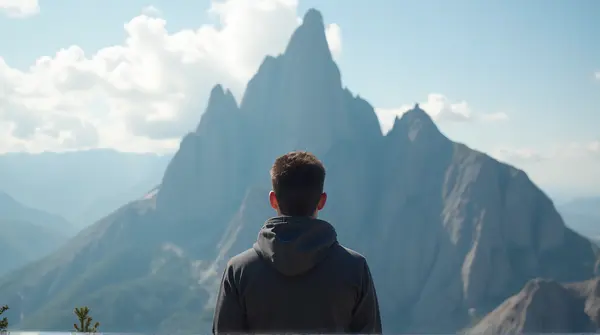 Man In Hoodie Near Towering Jagged Peak