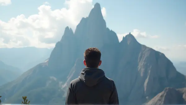 Man In Hoodie Near Towering Jagged Peak