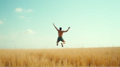 Man Jumping Joyfully In Open Field With Sky