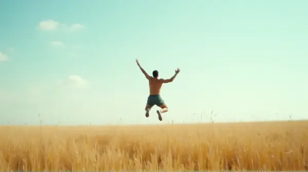 Man captured mid-leap in a sunlit open field with pale sky and soft clouds