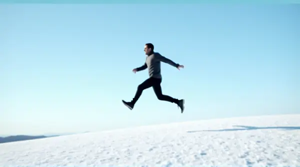 Man Leaping Across Frosty Field Under Clear Sky