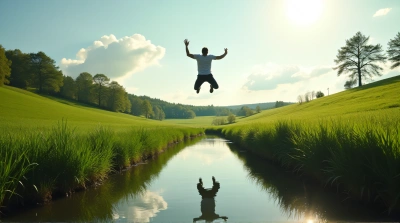 Man Leaping Across Green Meadow Over Pond
