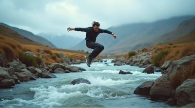 Man Leaping by Flowing River and Rocky Terrain