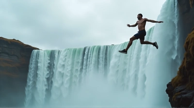 Man Leaping From Cliff With Waterfall And Cloudy Sky