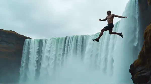 Man Leaping From Cliff With Waterfall And Cloudy Sky