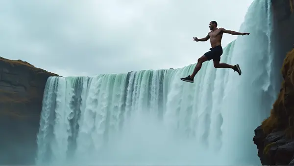 Man Leaping From Cliff With Waterfall And Cloudy Sky