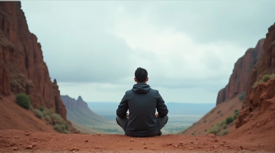 Man Meditating On Rugged Summit Under Cloudy Sky