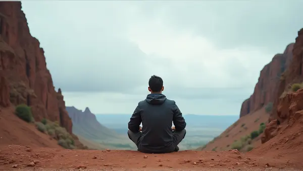 Man Meditating On Rugged Summit Under Cloudy Sky