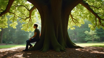 Man Near Oak Tree In Woodland Clearing