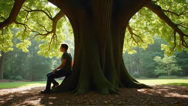 Man Near Oak Tree In Woodland Clearing