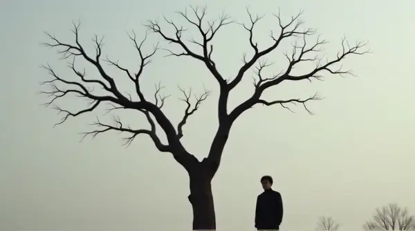 Man Next To Bare Branches With Muted Sky