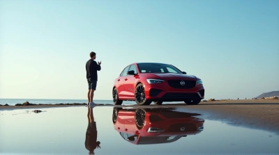 Man Next To Red Car By Reflective Water Surface