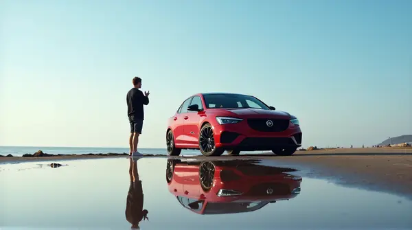 Man beside a red car near calm reflective water under a clear sky from a low angle.