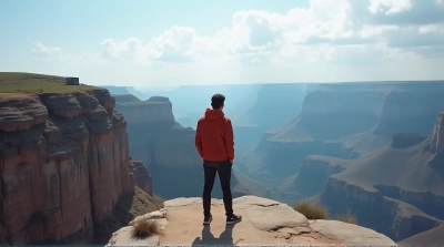 Man Overlooking Rugged Terrain Under Wide Sky