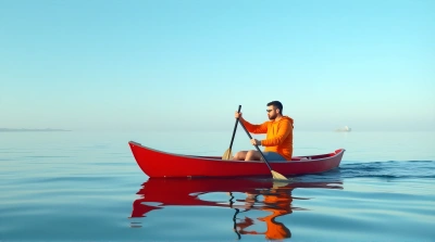 Man Paddling Red Boat On Serene Freshwater