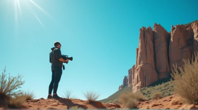 Man Photographing Jagged Cliff Under Blue Sky