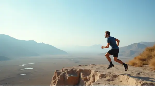 A man stands ready to sprint on a rugged stone ledge with hills in the background under a clear sky.