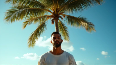 Man Posing Mid-Action By Tropical Tree