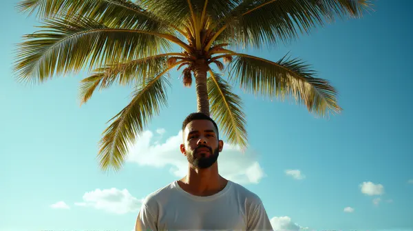 Man Posing Mid-Action By Tropical Tree