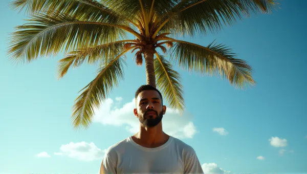 Man Posing Mid-Action By Tropical Tree