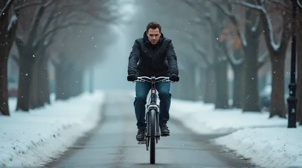 Man Pushing Bicycle Through Snowy Street Scene