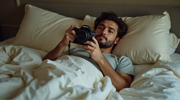 Man Reclining with Camera in Cozy Bedroom