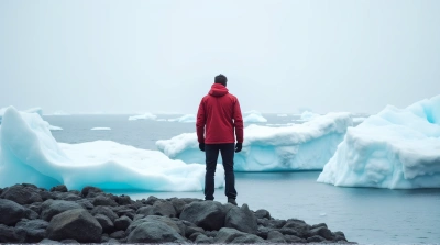 Man In Red Jacket On Arctic Iceberg Landscape