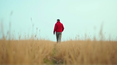 Man In Red Jacket Striding Across Tall Grasses