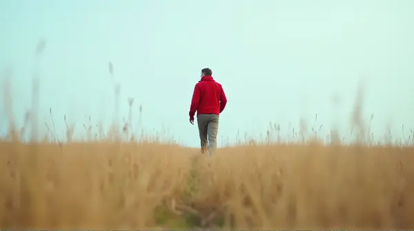 A man in a red jacket walks confidently through tall wild grasses under a pale blue sky from a low angle.