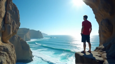 Man In Red Shirt Watching Ocean Waves At Sunrise