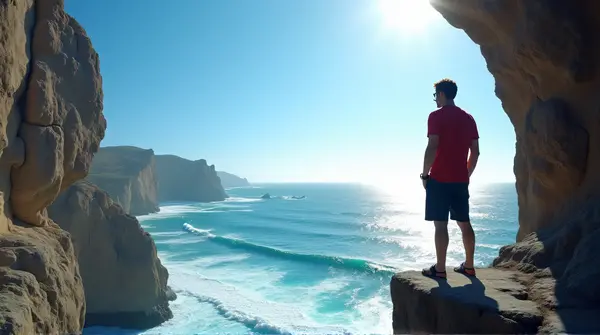 A man wearing a red shirt stands on a high edge gazing out over sunlit ocean waves beneath a clear blue sky.