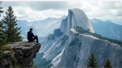 Man Relaxing On Rocky Summit With Pine Trees