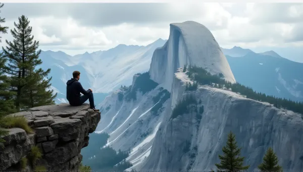 Man Relaxing On Rocky Summit With Pine Trees