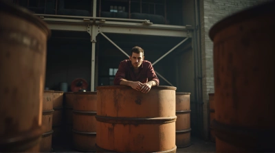 Man Relaxing On Rusty Industrial Barrel