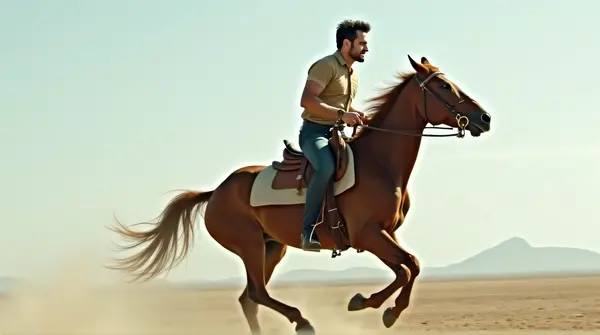 Man with focused expression riding horse at high speed under clear sky