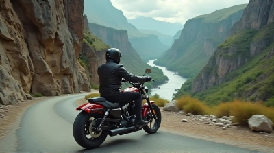 Man Riding Motorcycle Along Mountain Cliff Path