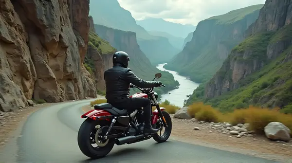 Man Riding Motorcycle Along Mountain Cliff Path