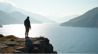 Man On Rocky Outcrop By Shimmering Water