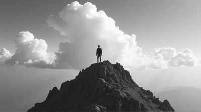 Man On Rugged Summit Under Expansive Sky