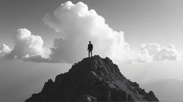Man On Rugged Summit Under Expansive Sky