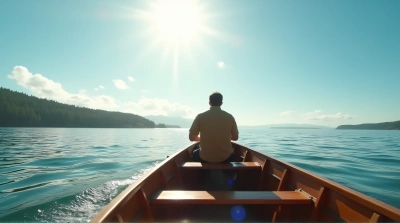 Man Sailing Classic Wooden Boat On Sunny Lake