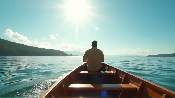 Man Sailing Classic Wooden Boat On Sunny Lake