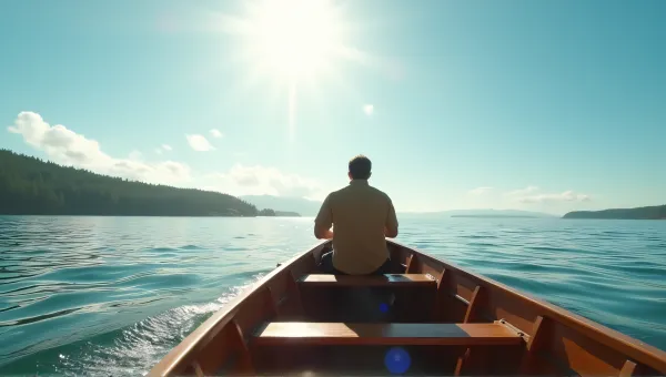 Man Sailing Classic Wooden Boat On Sunny Lake