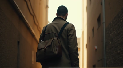 Man With Satchel Standing In Narrow Alleyway