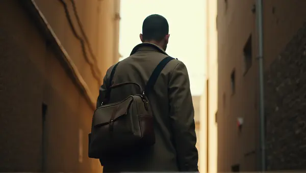 Man With Satchel Standing In Narrow Alleyway