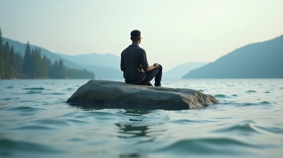 Man Sitting On Boulder By Quiet Lake