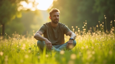 Man Sitting Cross-Legged On Green Meadow With Wildflowers